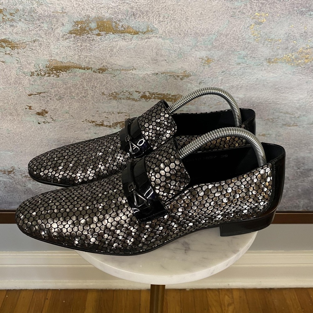 Vercini Shoes Mens Size 6.5 Silver Sequin Leather Monk Strap Dress Loafers